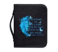 OPENARTUP Couverture de Bible Lion de Juda - Housse en Cuir PU pour Bible pour Hommes, Housse de Bible Bleue avec Pochette à Poignée, Sacs Fourre-Tout avec Fournitures d'Étude, Ta Parole est une Lampe