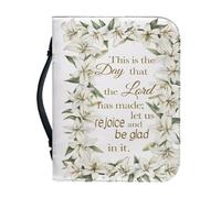 OPENARTUP Lily Bible Cover Leather for Women with Pocket, White Bible Case for Girls with Pen Holders, Bible Bag for Church, This is The Day That The Lord Has Made