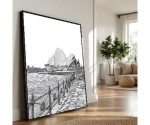 Opéra, croquis en noir et blanc sur toile, œuvre d'art murale représentant une architecture emblématique, peinture de vue sur le front de mer, décoration de paysage urbain (80 x 120 cm / sans cadre)