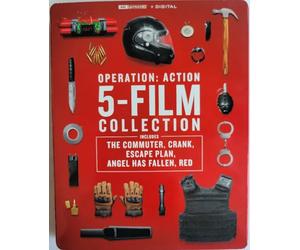 Operation: Action 5 Film Collection includes The Commuet, Crank, Escape Plan, Angel has Fallen, and Red on 4K UHD + Digital