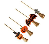 Operitacx 4 Pièces Balai de Sorcière Halloween en Bois avec Décorations Citrouille et Chauve-souris, Accessoire Créatif en Tissu pour Fêtes à Thème et Décoration Saisonnière