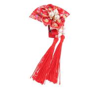 Operitacx Barrette Japonaise Rouge Pompon et Éventail, Accessoire Cheveux en Tissu et Métal, Décoration Élégante pour Femmes et Filles, Kimono ou Hanfu