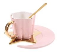 Operitacx Céramique Tasse à Café et Soucoupe Rose 120ml avec Cuillère | Forme Étoile et Lune, Usage Maison ou Salon de Dessert, pour Lait et Soda, Touche Artistique Simple