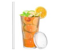 Operitacx Gobelet en Verre avec Couvercle et Paille, Étanche et Capacité Modérée, Design Rayé Vertical Élégant pour Boissons Froides et Café Glacé