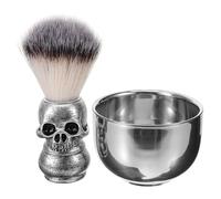 Operitacx Kit de Rasage Homme Comprenant Bol à Raser Inox Petit Format et Blaireau à Barbe Motif Crâne Argenté, Brosse à Raser Multi-usage pour Soins Barbe et Visage à Domicile ou Salon,