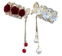 Operitacx Lot de 2 Pinces à Cheveux Griffes en Alliage Élastique Queue de Cheval Haute, Décoration Fleur Rose Rouge et Fleur Narcisse Blanche, Accessoires Cheveux pour Femmes, Usage