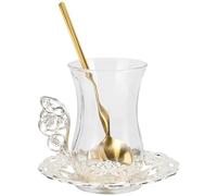 Operitacx Service à Thé en Verre Élégant avec Tasse et Soucoupe en Alliage D'aluminium Argenté, Set Polyvalent pour Usage Domestique et Bureau, Design Finement Gravé