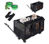 Opetdo Sac de Transport Portable Double Compartiment pour Animaux à roulettes, Chariot de Voyage avec Poignée et Poches Rangement, Respirant et Confortable, avec Accessoires Bonus - Noir