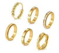 OPFIV Lot de 6 bagues anti-stress de 4 mm pour soulager l'anxiété - Lot de 6 bagues rotatives en acier inoxydable pour homme et femme avec perles croix, cœur, paillettes, sablage - Bague fine