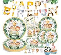 Ophy Jungle Safari Thème Vaisselle,134 Pièces Vaisselles Jetables en Papier avec Bannière d'anniversaire d'animaux,Assiettes en Papier, Serviettes,Assiettes Jetables pour Baby Shower pour 25 Invités