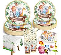 Ophy Vaisselles Jetables en Papier, 134 Pièces Jungle Safari fête thème Vaisselle, Animaux Assiettes Tasses Serviettes Pailles pour 25 Invités, Fournitures fête d'anniversaire Enfants Fête Baby Shower