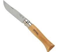 OPINEL, Couteau N°9, Acier inoxydable Martensitique, Facilité d'entretien, Résiste à la corrosion, Manche en hêtre vernis incolore, Lame Yatagan de 9 cm, Avec bague de double sécurité Virobloc
