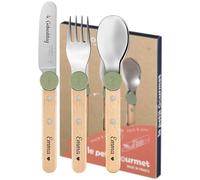 OPINEL Le Petit Gourmet Set de Couverts pour Enfants - Personnalisable avec Gravure - 4 pièces en Acier Inoxydable, idée Cadeau pour Naissance, baptême ou Anniversaire (Vert Olive)