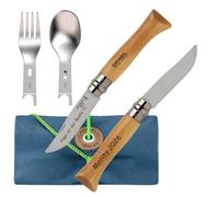 OPINEL PICNIC PLUS Lot de 4 couverts de camping personnalisés avec gravure - OPINEL N°08 Couteau de poche, couverts avec fourchette, cuillère et serviette, cadeau pour le camping, la randonnée et