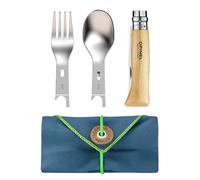Opinel - Set Complet Picnic + - avec Couteau N°8 en Bois de Hêtre, 2 Inserts Fourchette et Cuillère et Étui-Serviette Microfibre - Fabrication Française