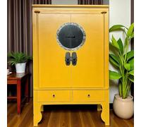 OPIUM OUTLET Armoire de mariage orientale Asia China Commode Meuble asiatique Armoire chinoise jaune orange entièrement assemblée Aspect ancien Buffet vintage