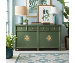 OPIUM OUTLET Commode chinoise Asia Buffet Buffet Armoire de mariage Vintage Style colonial Shabby Chic Vert olive