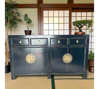 OPIUM OUTLET Commode chinoise Asia Meuble buffet asiatique Armoire orientale Buffet Buffet Armoire de mariage Vintage Entièrement assemblée Bleu foncé Bleu nuit