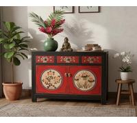 OPIUM OUTLET Meuble commode buffet chinois asiatique oriental vintage peint à la main livré entièrement assemblé en bois rouge/noir
