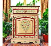 OPIUM OUTLET Table de nuit indienne table de nuit asiatique petite armoire de nuit commode de chambre orientale console rouge-beige peinte à la main