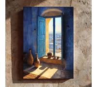 OPLKJHGF Tableau sur toile avec fenêtre cintrée ensoleillée, paysage de ville méditerranéenne, affiche décorative (60x80cm/sans cadre)