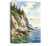 OPLKJHGF Tableau sur toile représentant une falaise rocheuse avec un bateau de pêche, impression aquarelle douce, décoration intérieure nautique et côtière (50 x 70 cm/sans cadre)