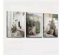 OPLKJHGF Tableau sur toile style rue méditerranéenne blanche, impression vintage de village, décoration d'entrée (60 x 90 cm x 3 / cadre intérieur)