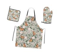 Oplp Ensemble de cuisine 3 pièces avec motif lapins mignons et fleurs, tablier imperméable avec gant de cuisine et manique réglable pour micro-ondes, noir, taille unique
