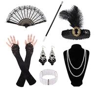 Opopark Lot de 7 accessoires des années 20 pour femme - Costume des années 20 - Charleston des années 1920 - Ensemble d'accessoires avec bandeau, gants, collier, bracelet, boucles d'oreilles, dentelle