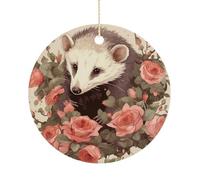 Opossum and Roses Décorations de Noël en céramique 7,6 cm - Arbre de vacances rond double face à suspendre pour maison, fête, hôtel, cadeau pour enseignant, voisin, ami