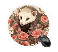 Opossum and Roses Tapis de souris rond, base en caoutchouc antidérapant, imperméable, lavable, tapis de souris d'ordinateur pour bureau, jeu, étude, tapis de souris circulaire portable texturé de