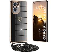 Oppo Find X5 Lite Case With Lanyard And Necklace, Adjustable Love Heart Pattern Shockproof Case Cover With Drawstring, Black