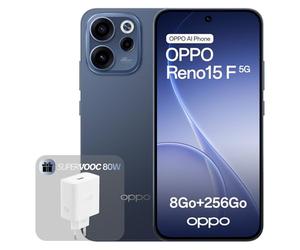 OPPO Reno15 F 5G Téléphone Débloqué, 8+256Go, Appareil Photo Ultra Grand Angle 50MP FOV 100°, Écran 6.57" 120Hz, AI Portrait Glow, Batterie 6500mAh, IP69, Twilight Blue (Chargeur 80W SUPERVOOC Inclus)
