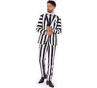 OppoSuits Costume Beetlejuice Premium pour homme - Tenue d'Halloween des années 80 - Coupe Ajustée - Noir Blanc - Blazer, Pantalon Et Cravate
