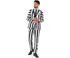 OppoSuits Costume Beetlejuice Premium pour Homme - Tenue d'halloween des années 80 - Coupe Ajustée - Noir Blanc - Blazer, Pantalon Et Cravate