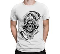 OPPUYYGHV Death Grim Reaper Time Has Arrived Men's T-Shirt DTG Printed - Scythe Keeper White Manches Courtes(3X-Large)