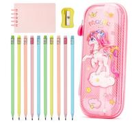 OPPZZIT 10 Pièces Crayons à Papier avec Gomme, Trousse Licorne Kawaii pour Enfant avec Crayons Papier HB & Carnet, Idee Cadeau Fille 4 5 6 7 8 9 Ans, Rose