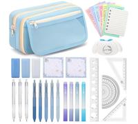 OPPZZIT Trousse Scolaire avec 3 Compartiments Fille, Lot de 30 Fournitures Scolaires Kawaii avec 1 Trousse Bleu, 5 Stylos Gel, 4 Surligneur, 3 Porte-Mines, Papeterie Kawaii & Cadeau Fille 6-14 Ans