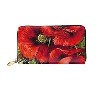 OPSREY Porte-monnaie en cuir véritable imprimé Tie Dye Bear Dancing avec fermeture éclair, Belle fleur de coquelicot rouge., Taille unique