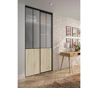 OPTIMUM Kit de 2 Portes de Placard coulissantes, Hauteur 250 cm, Largeur 120 cm, décor Atelier Noir, soubassement chêne Authentique, Verre dépoli Blanc, profils et Rails Noir Inclus