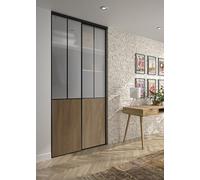 OPTIMUM Kit de 2 Portes de Placard coulissantes, Hauteur 250 cm, Largeur 120 cm, décor Atelier Noir, soubassement chêne Vintage, Verre dépoli Blanc, profils et Rails Noir Inclus