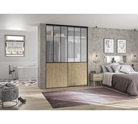 OPTIMUM Kit de 2 Portes de Placard coulissantes, Hauteur 250 cm, Largeur 180 cm, décor Atelier Noir, soubassement chêne Authentique, Verre dépoli Blanc, profils et Rails Noir Inclus