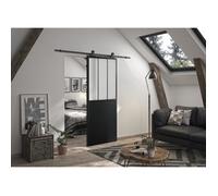 OPTIMUM Kit porte coulissante ATELIER noir + rail apparent - 204 x 83 cm - verre dépoli