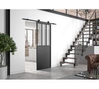 OPTIMUM Kit porte coulissante ATELIER noir + rail apparent - 204 x 83 cm - verre transparent