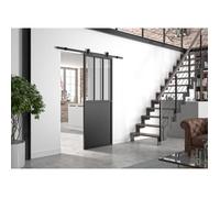 OPTIMUM Kit porte coulissante ATELIER noir + rail apparent - 204 x 93 cm - verre transparent