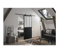 kit porte coulissante atelier noir + rail apparent + cache rail - 204 x 93 cm - verre dépoli