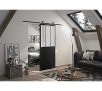 OPTIMUM Kit Porte Coulissante Intérieure Atelier Noir avec Rail - Plusieurs Dimensions - Verre Clair/Dépoli - Rail Apparent Porte Coulissante - Facile à Installer (noir verre clair, 204x73)