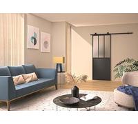 OPTIMUM Kit Porte Coulissante Intérieure Atelier Noir avec Rail - Plusieurs Dimensions - Verre Clair/Dépoli - Rail Apparent Porte Coulissante - Facile à Installer (noir verre dépoli, 204x93)