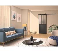 OPTIMUM Kit Porte Coulissante Intérieure Atelier Noir avec Rail - Plusieurs Dimensions - Verre Clair/Dépoli - Rail Apparent Porte Coulissante - Facile à Installer (noir verre dépoli, 204x83)