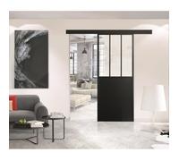 OPTIMUM - Kit porte coulissante + rail + bandeau Atelier - H 204 x L 93 x P 4 cm - Noir verre transparent
